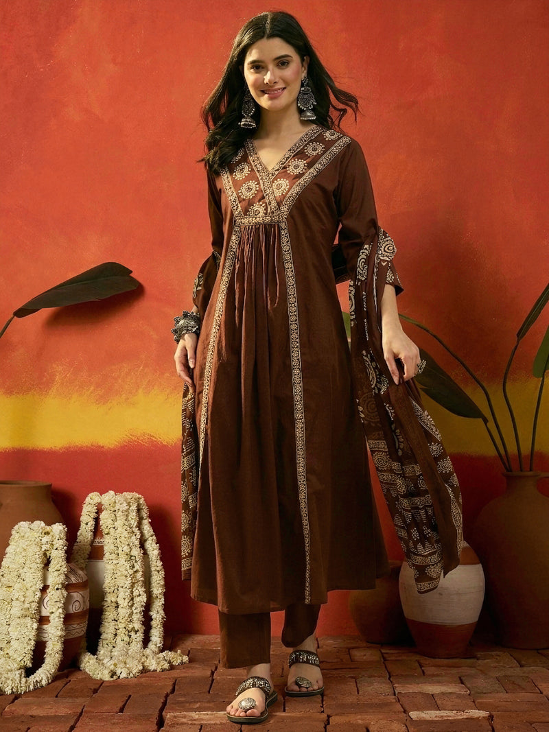 Stylum Women's Brown Solid & Embroidered Cotton A-Line Kurta Pant Dupatta Set (KPDBROWNKAMYA)