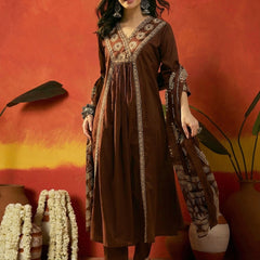 Stylum Women's Brown Solid & Embroidered Cotton A-Line Kurta Pant Dupatta Set (KPDBROWNKAMYA)