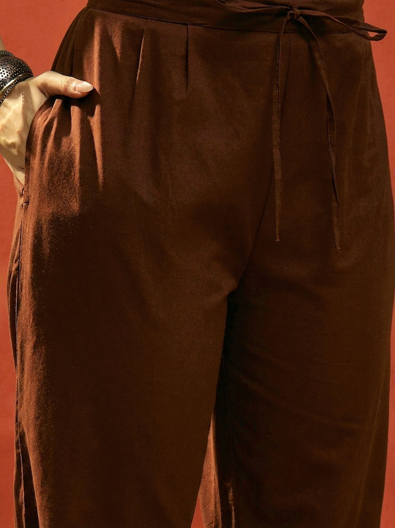 Stylum Women's Brown Solid & Embroidered Cotton A-Line Kurta Pant Dupatta Set (KPDBROWNKAMYA)