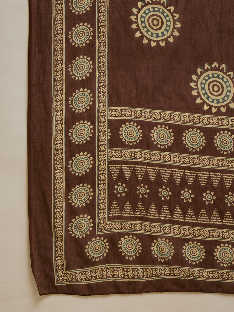 Stylum Women's Brown Solid & Embroidered Cotton A-Line Kurta Pant Dupatta Set (KPDBROWNKAMYA)