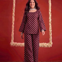 Stylum Women's Brown Polka Printed Rayon Straight Short Kurti Pant Dupatta Set (KPDBROWNPANTRY)
