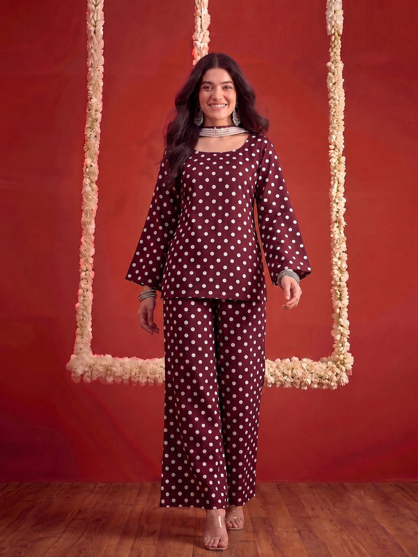 Stylum Women's Brown Polka Printed Rayon Straight Short Kurti Pant Dupatta Set (KPDBROWNPANTRY)