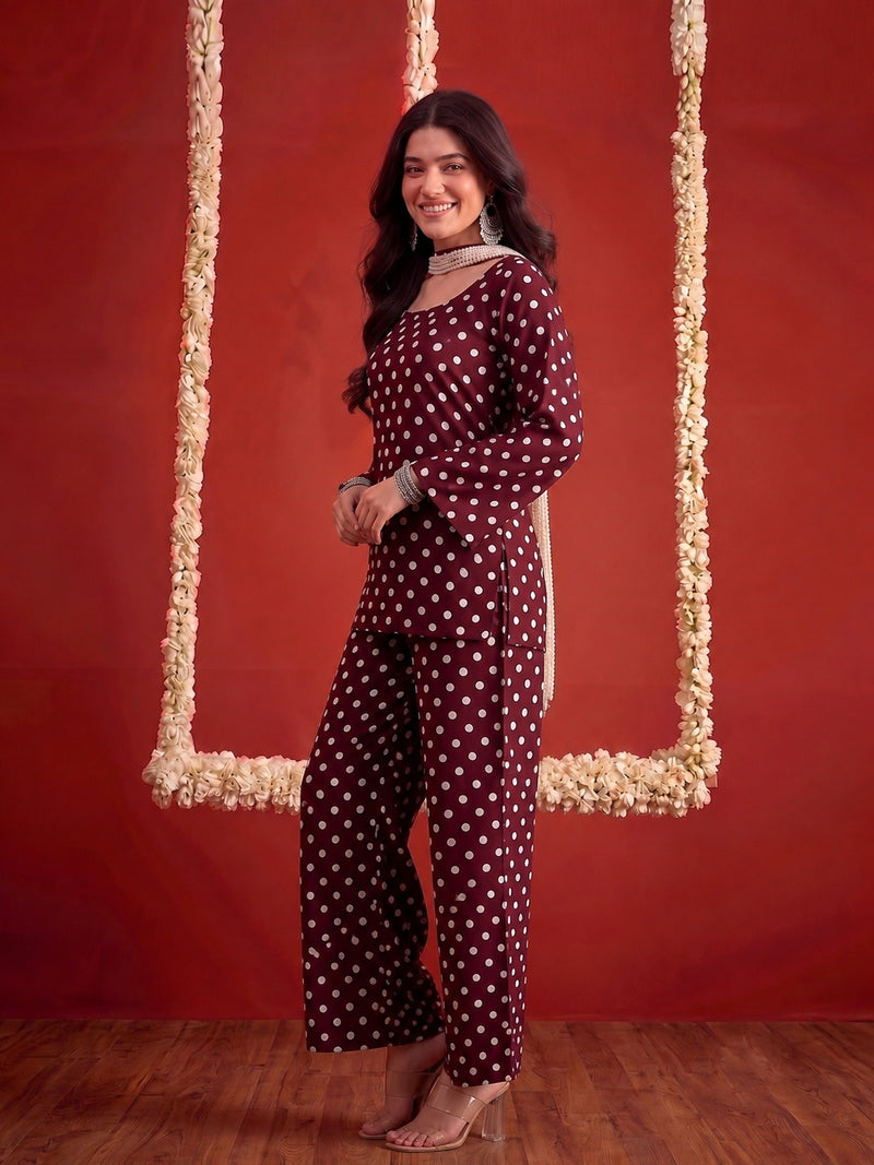Stylum Women's Brown Polka Printed Rayon Straight Short Kurti Pant Dupatta Set (KPDBROWNPANTRY)