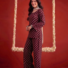 Stylum Women's Brown Polka Printed Rayon Straight Short Kurti Pant Dupatta Set (KPDBROWNPANTRY)