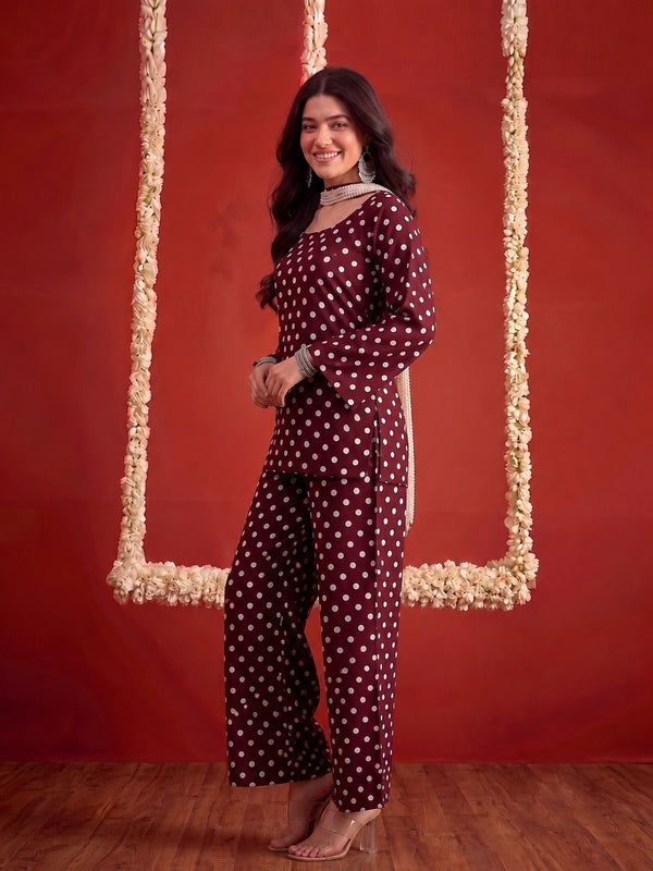 Stylum Women's Brown Polka Printed Rayon Straight Short Kurti Pant Dupatta Set (KPDBROWNPANTRY)