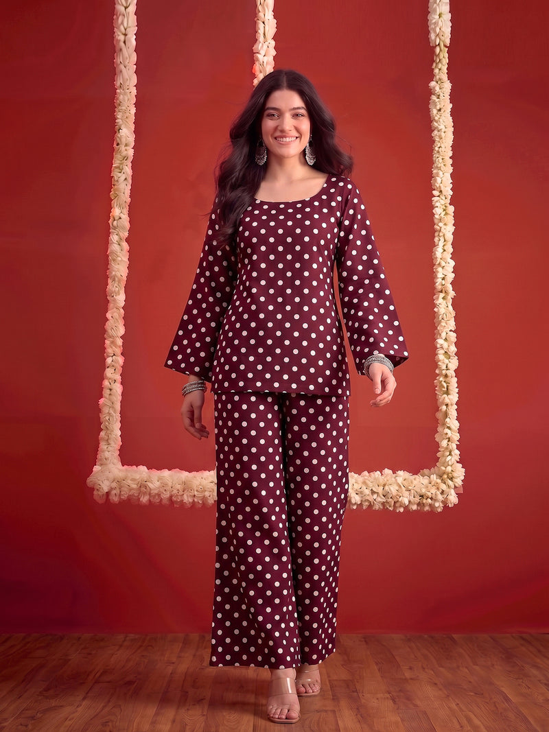 Stylum Women's Brown Polka Printed Rayon Straight Short Kurti Pant Dupatta Set (KPDBROWNPANTRY)