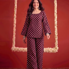 Stylum Women's Brown Polka Printed Rayon Straight Short Kurti Pant Dupatta Set (KPDBROWNPANTRY)