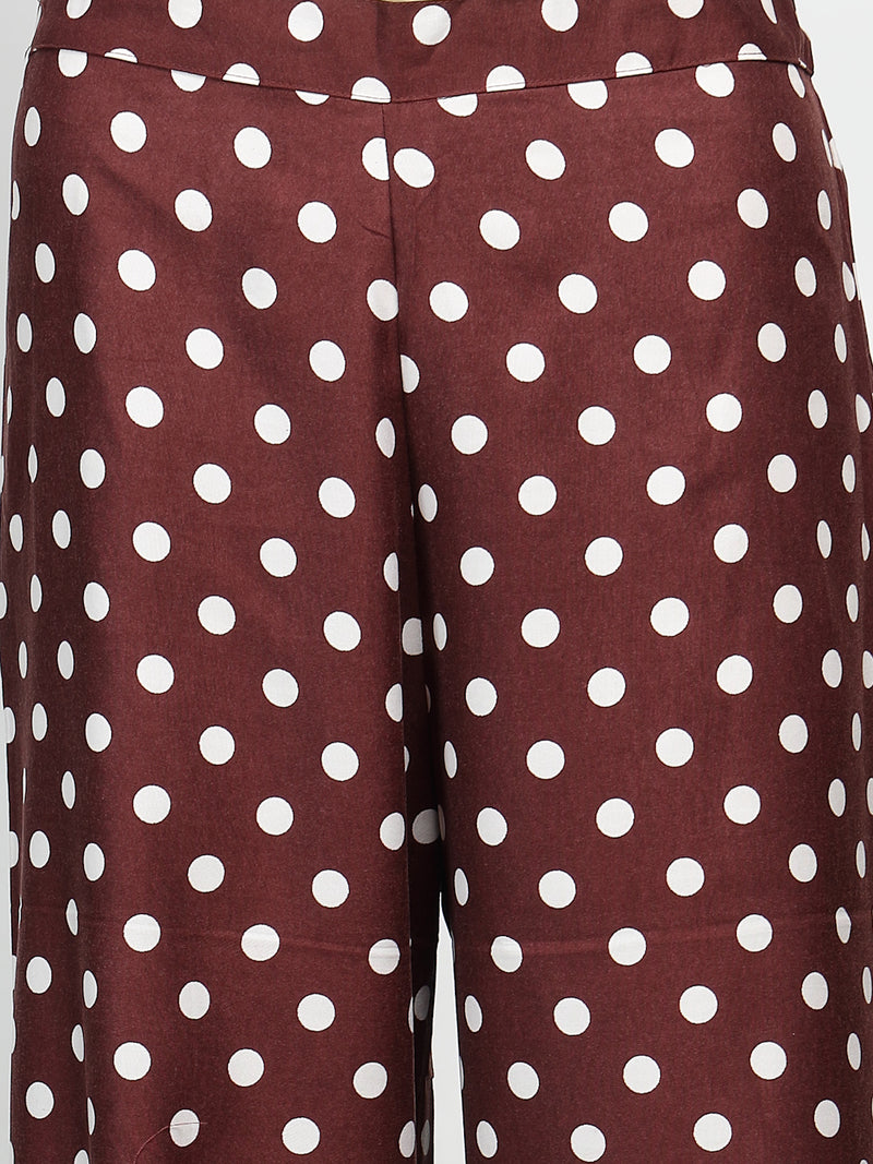 Stylum Women's Brown Polka Printed Rayon Straight Short Kurti Pant Dupatta Set (KPDBROWNPANTRY)