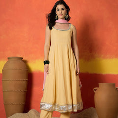 Stylum Women's Yellow Solid Rayon Anarkali Kurta Pant Dupatta Set (KPDBUTTERREVOLT)