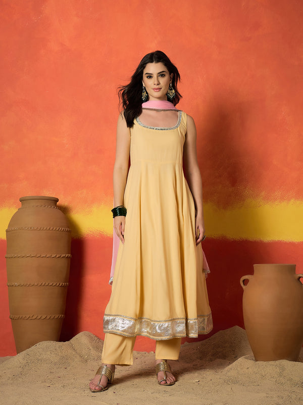 Stylum Women's Yellow Solid Rayon Anarkali Kurta Pant Dupatta Set (KPDBUTTERREVOLT)