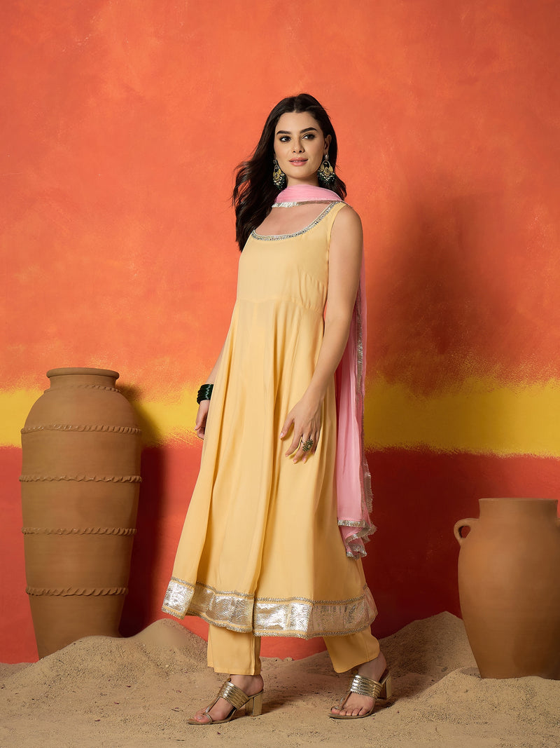 Stylum Women's Yellow Solid Rayon Anarkali Kurta Pant Dupatta Set (KPDBUTTERREVOLT)