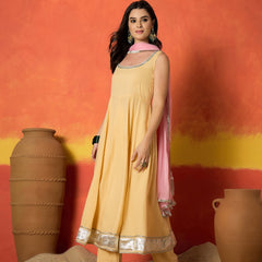 Stylum Women's Yellow Solid Rayon Anarkali Kurta Pant Dupatta Set (KPDBUTTERREVOLT)