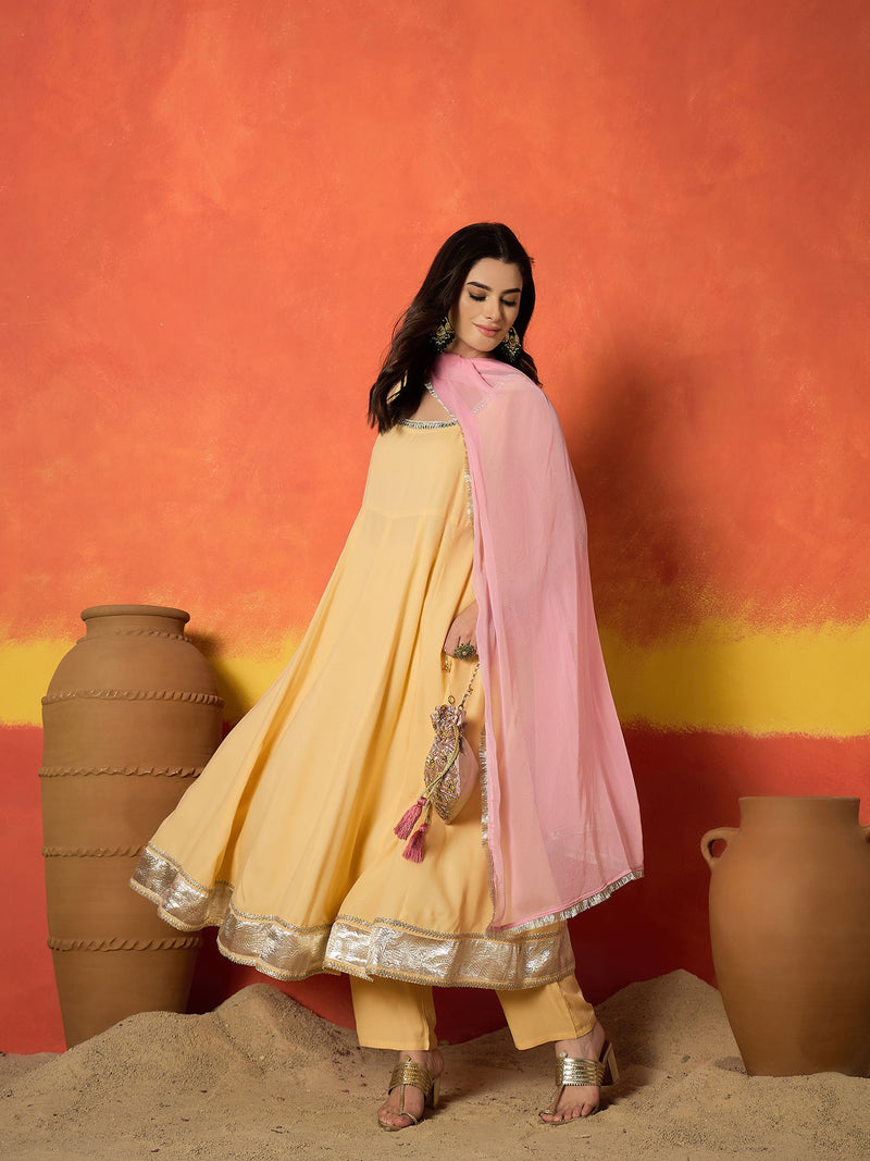 Stylum Women's Yellow Solid Rayon Anarkali Kurta Pant Dupatta Set (KPDBUTTERREVOLT)