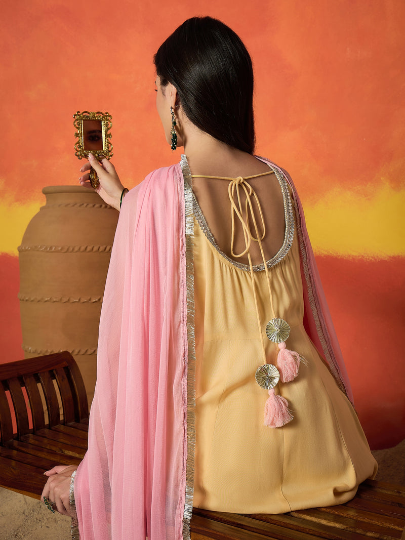 Stylum Women's Yellow Solid Rayon Anarkali Kurta Pant Dupatta Set (KPDBUTTERREVOLT)
