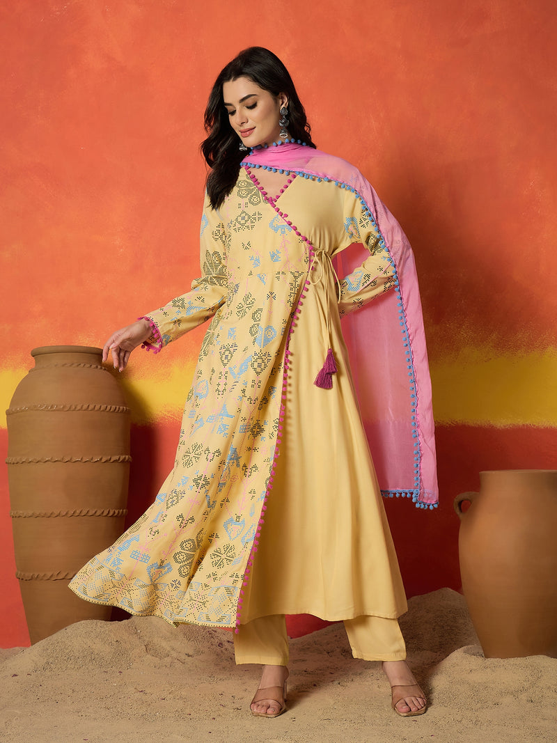 Stylum Women's Butter Bandhani Geometric Printed Rayon Angrakha Style Kurta Pant Dupatta Set (KPDBUTTERRHYME)
