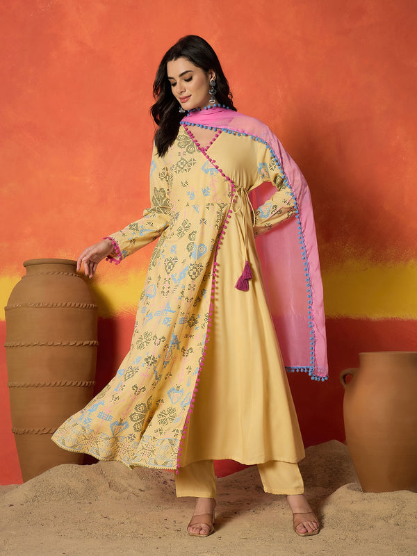Stylum Women's Butter Bandhani Geometric Printed Rayon Angrakha Style Kurta Pant Dupatta Set (KPDBUTTERRHYME)