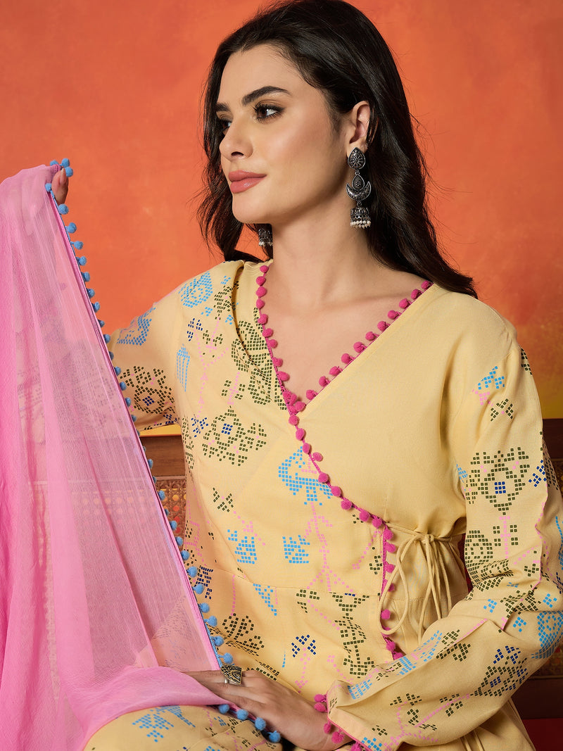 Stylum Women's Butter Bandhani Geometric Printed Rayon Angrakha Style Kurta Pant Dupatta Set (KPDBUTTERRHYME)