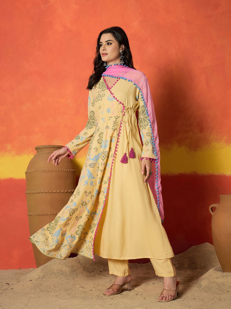 Stylum Women's Butter Bandhani Geometric Printed Rayon Angrakha Style Kurta Pant Dupatta Set (KPDBUTTERRHYME)