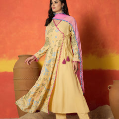 Stylum Women's Butter Bandhani Geometric Printed Rayon Angrakha Style Kurta Pant Dupatta Set (KPDBUTTERRHYME)