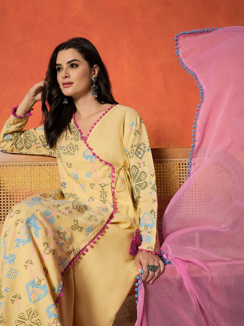 Stylum Women's Butter Bandhani Geometric Printed Rayon Angrakha Style Kurta Pant Dupatta Set (KPDBUTTERRHYME)