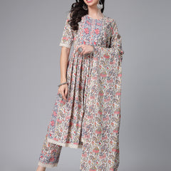 Stylum Women's Floral Printed Cotton Naira Cut Kurta Pant Dupatta Set (KPDCANVAS)