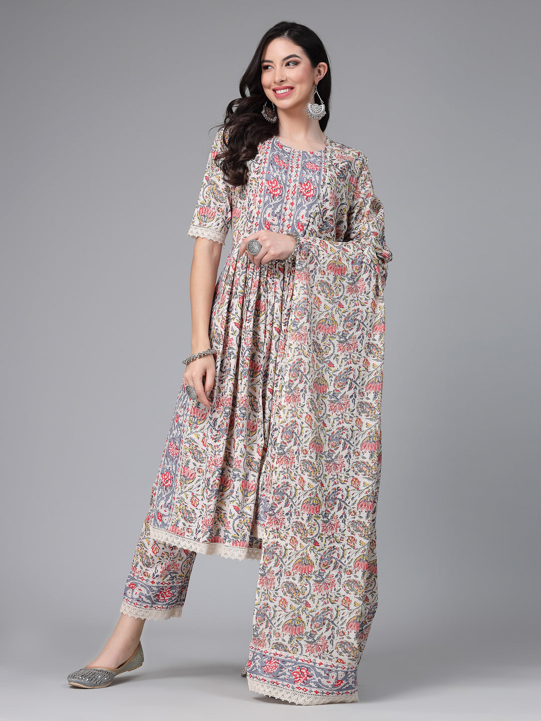 Stylum Women's Floral Printed Cotton Naira Cut Kurta Pant Dupatta Set (KPDCANVAS)