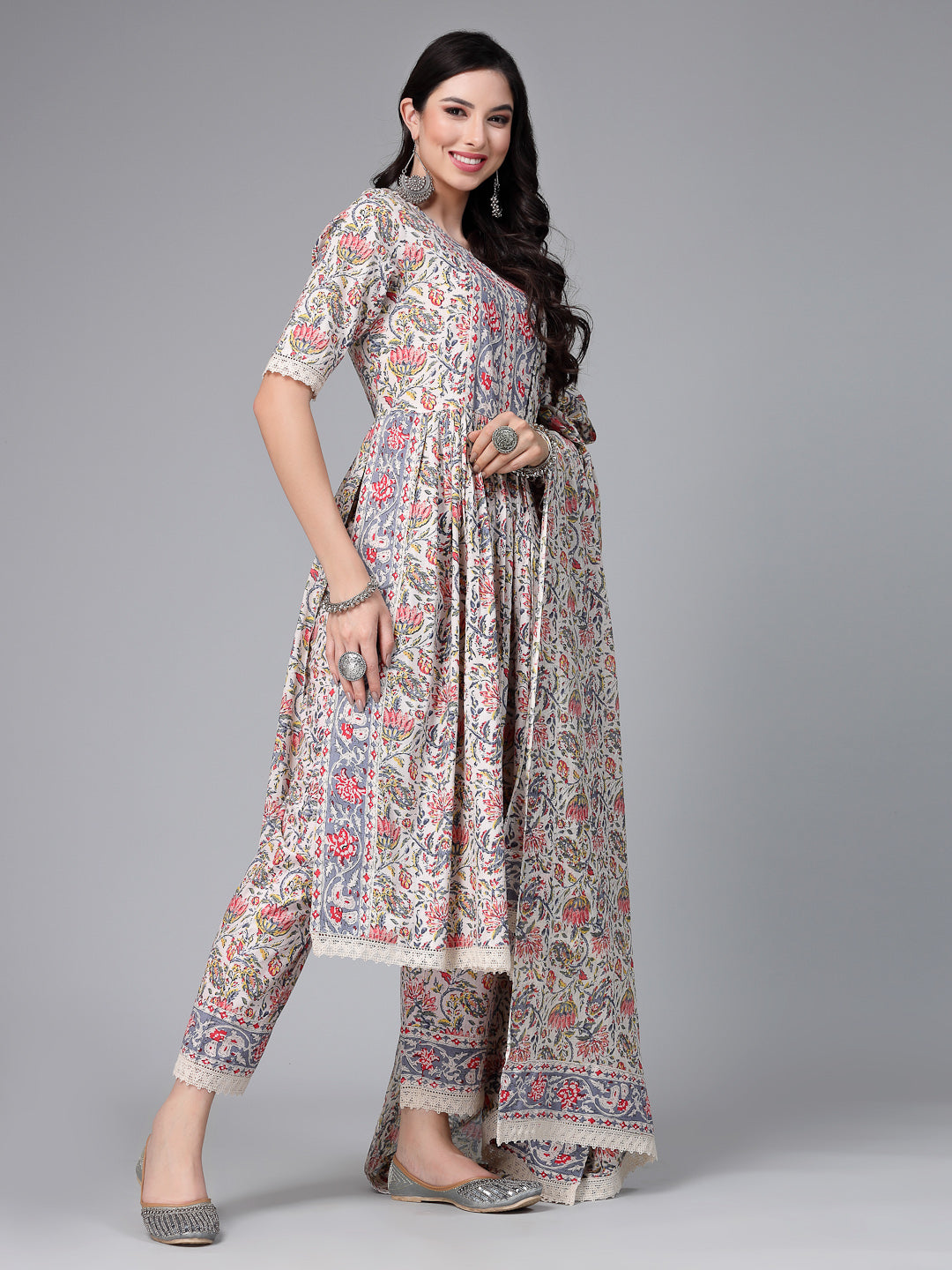 Stylum Women's Floral Printed Cotton Naira Cut Kurta Pant Dupatta Set (KPDCANVAS)