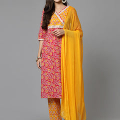 Stylum Women's Floral Printed Cotton Straight Kurta Pant Dupatta Set (KPDCHAMELI)