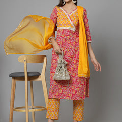 Stylum Women's Floral Printed Cotton Straight Kurta Pant Dupatta Set (KPDCHAMELI)