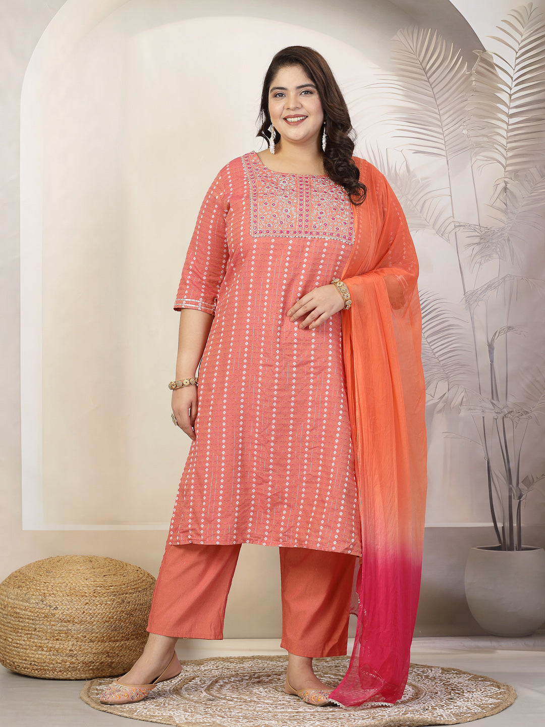 Plus Size Women Woven Design & Embroidered Cotton Blend Straight Kurta with Pant & Dupatta (KPDCORALFOXPLUS)