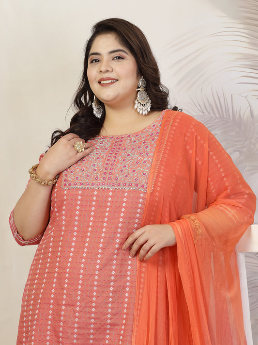 Plus Size Women Woven Design & Embroidered Cotton Blend Straight Kurta with Pant & Dupatta (KPDCORALFOXPLUS)