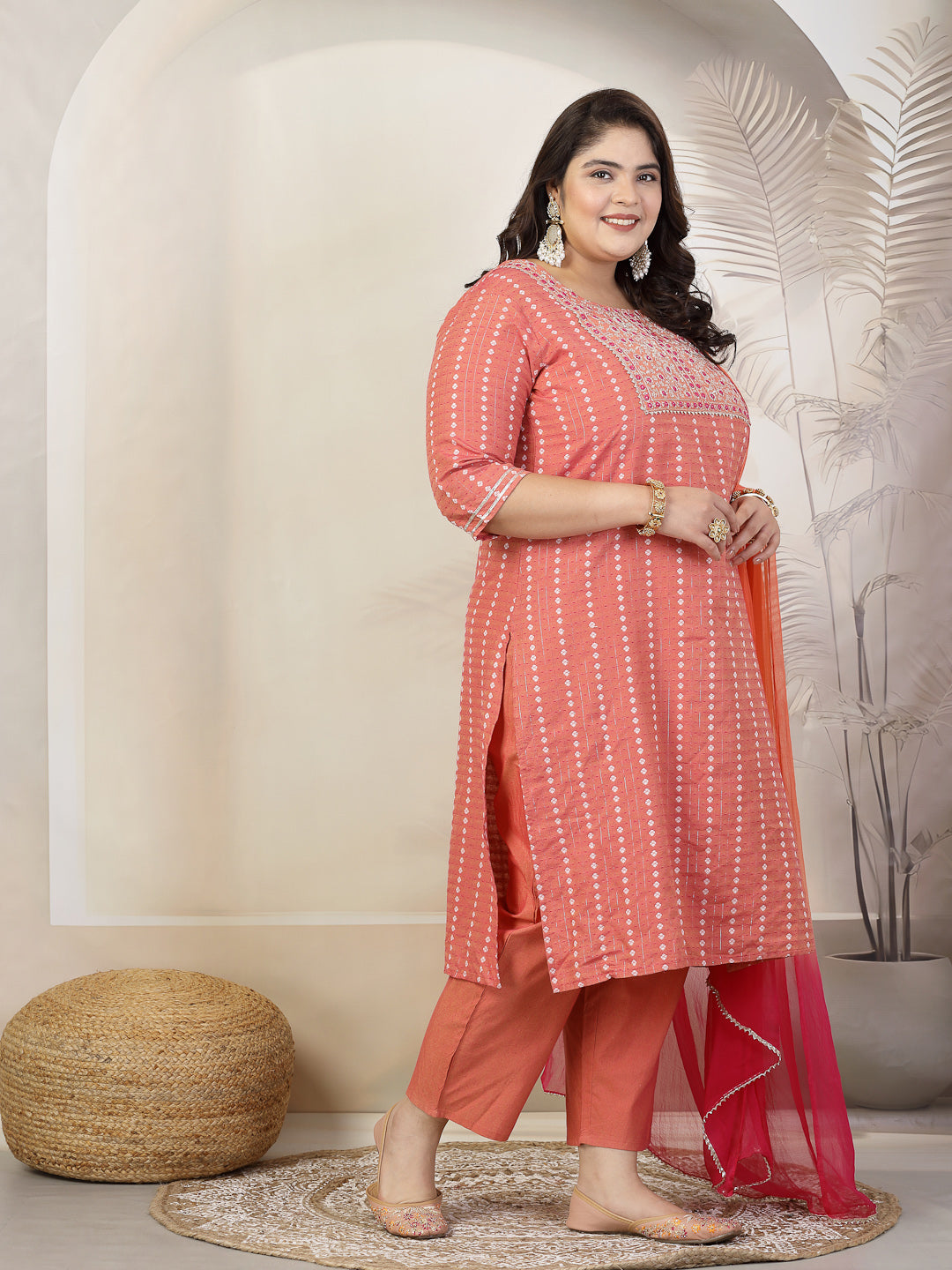 Plus Size Women Woven Design & Embroidered Cotton Blend Straight Kurta with Pant & Dupatta (KPDCORALFOXPLUS)