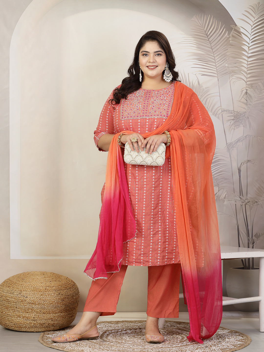 Plus Size Women Woven Design & Embroidered Cotton Blend Straight Kurta with Pant & Dupatta (KPDCORALFOXPLUS)