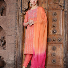 Stylum Women's Woven Design & Embroidered Cotton Blend Straight Kurta with Pant & Dupatta (KPDCORALFOX)