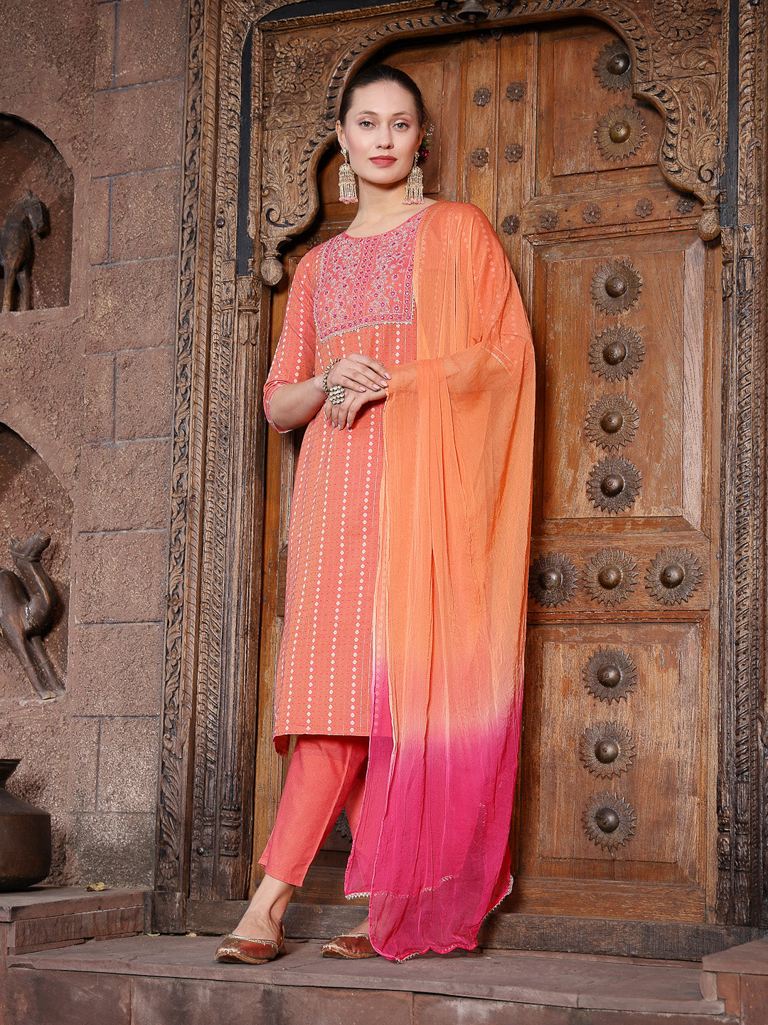 Stylum Women's Woven Design & Embroidered Cotton Blend Straight Kurta with Pant & Dupatta (KPDCORALFOX)