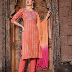 Stylum Women's Woven Design & Embroidered Cotton Blend Straight Kurta with Pant & Dupatta (KPDCORALFOX)