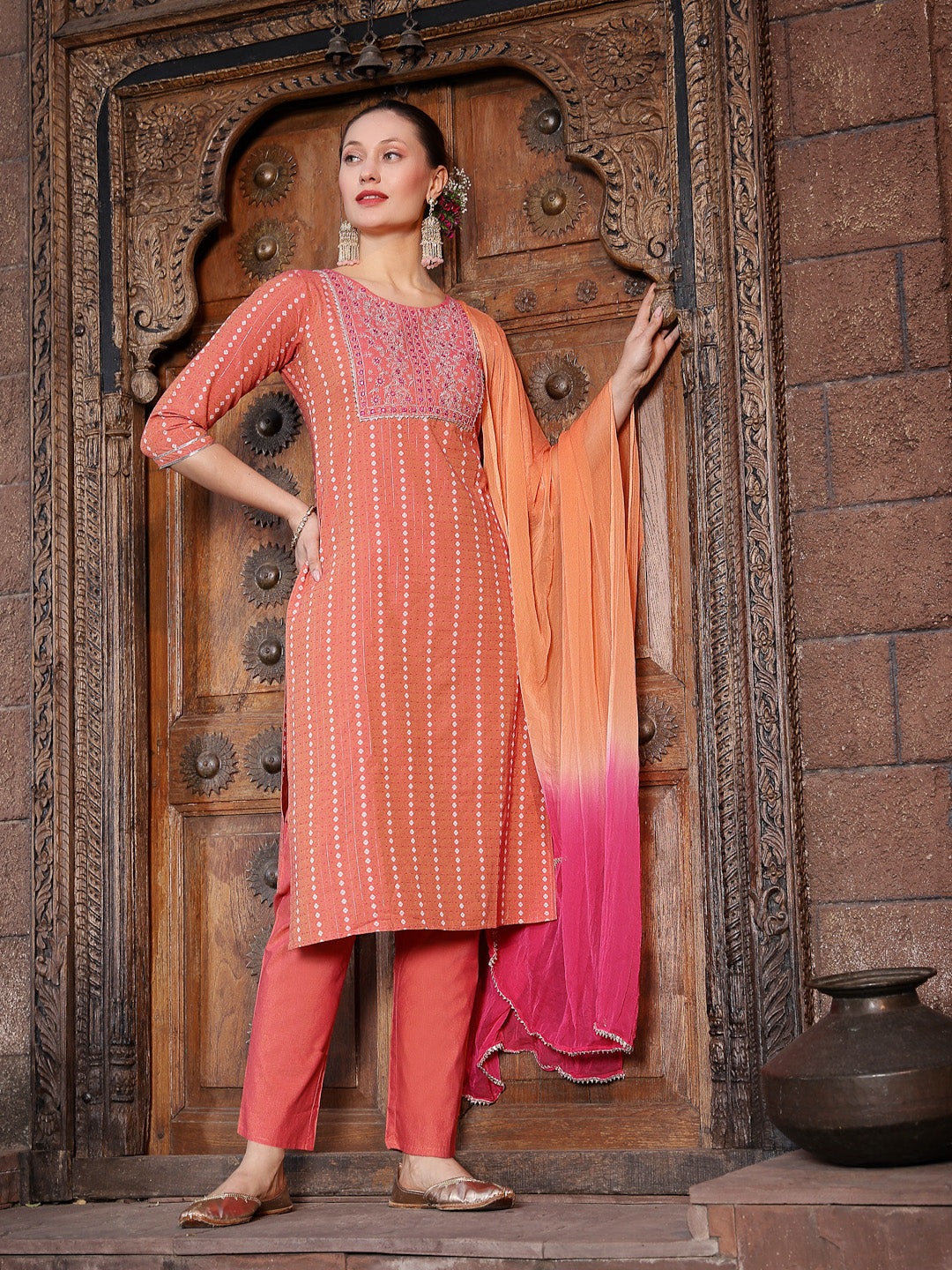 Stylum Women's Woven Design & Embroidered Cotton Blend Straight Kurta with Pant & Dupatta (KPDCORALFOX)