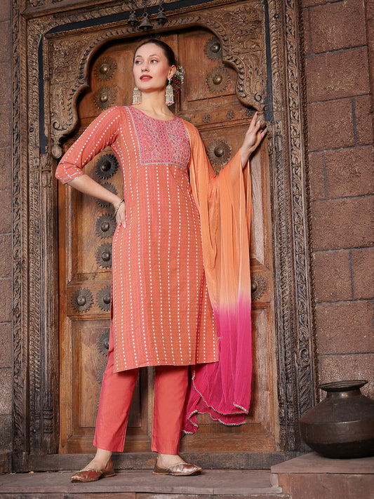 Stylum Women's Woven Design & Embroidered Cotton Blend Straight Kurta with Pant & Dupatta (KPDCORALFOX)