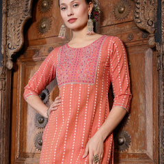 Stylum Women's Woven Design & Embroidered Cotton Blend Straight Kurta with Pant & Dupatta (KPDCORALFOX)