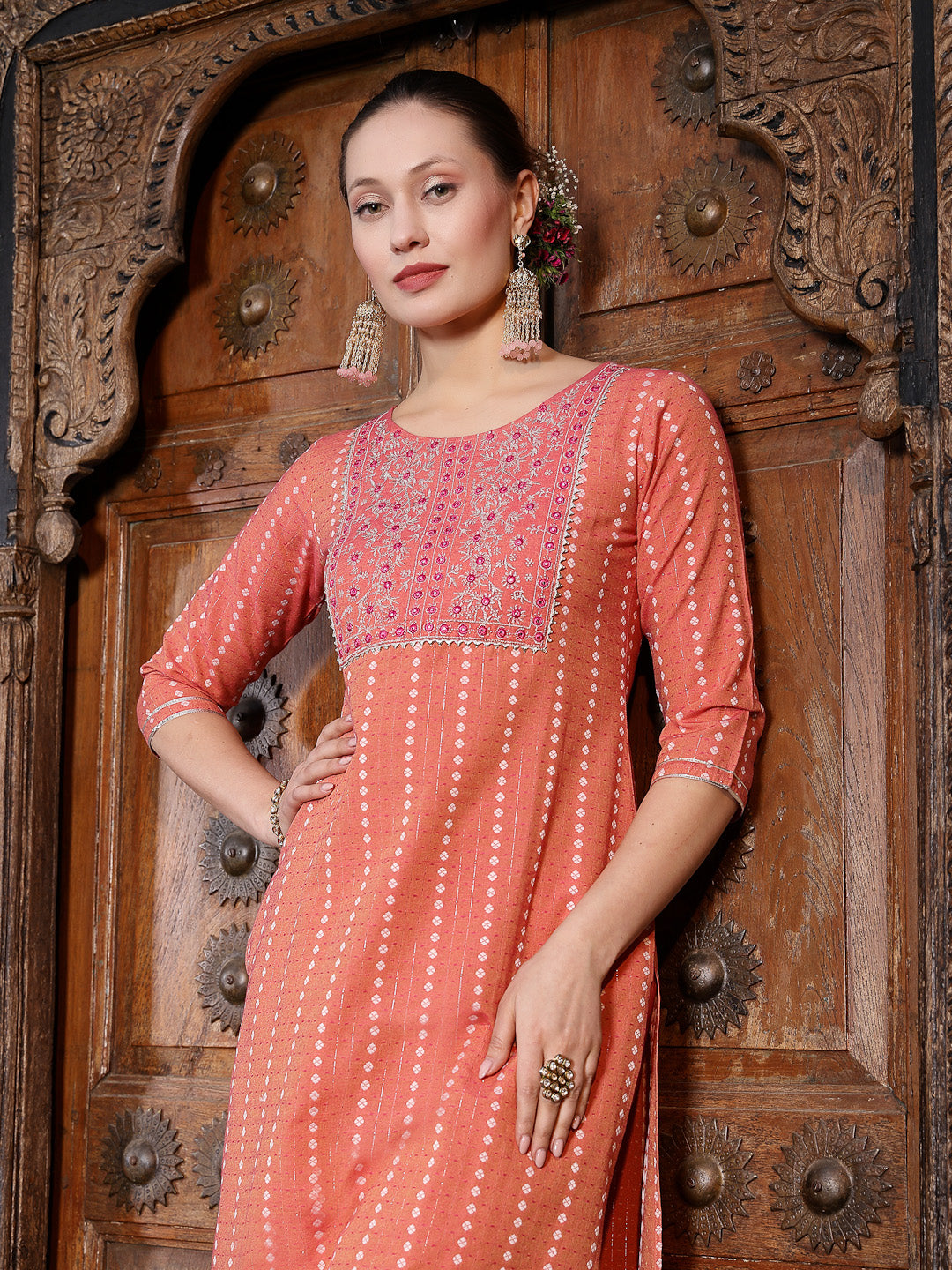 Stylum Women's Woven Design & Embroidered Cotton Blend Straight Kurta with Pant & Dupatta (KPDCORALFOX)