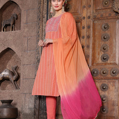 Stylum Women's Woven Design & Embroidered Cotton Blend Straight Kurta with Pant & Dupatta (KPDCORALFOX)