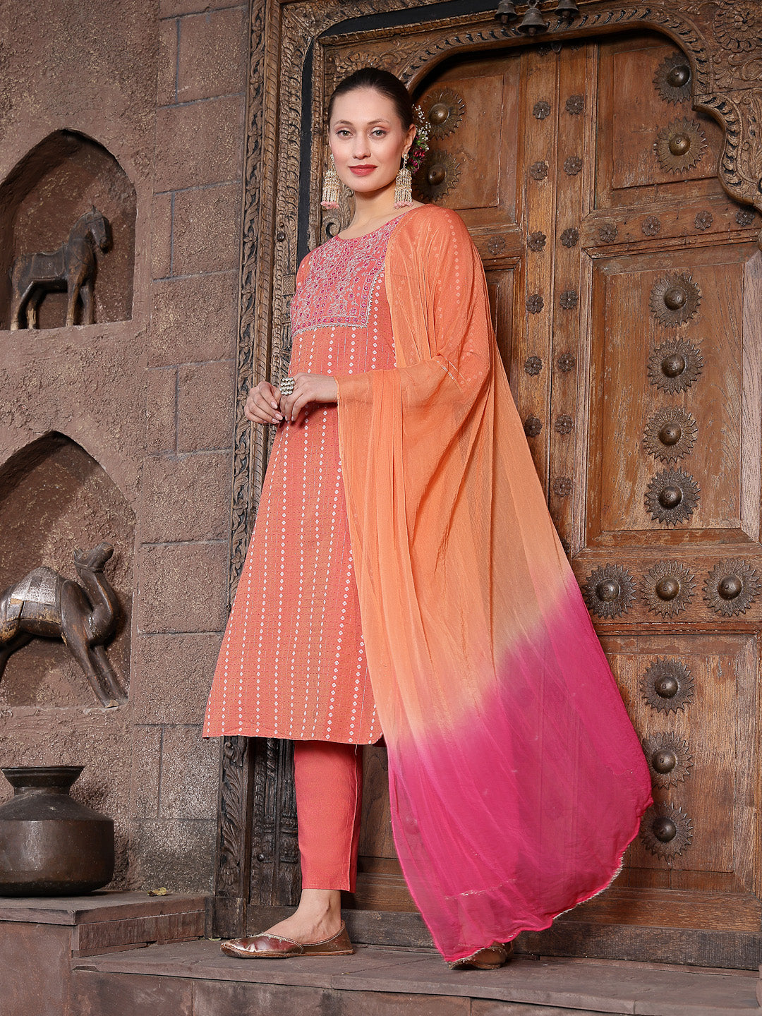 Stylum Women's Woven Design & Embroidered Cotton Blend Straight Kurta with Pant & Dupatta (KPDCORALFOX)