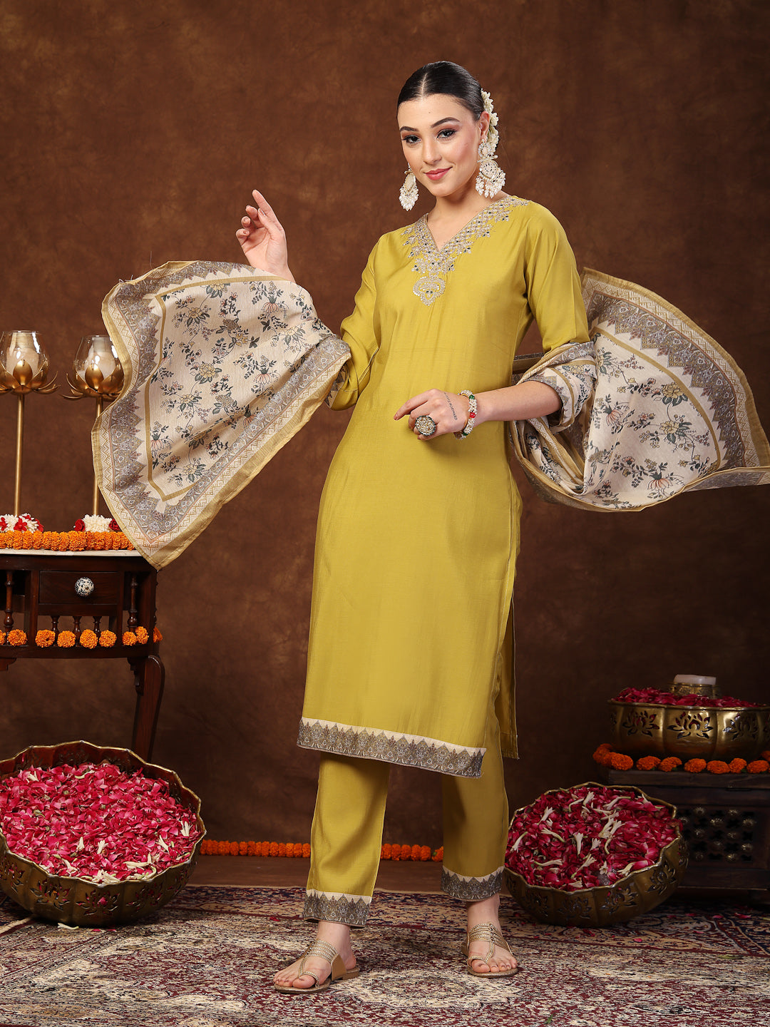 Stylum Women's Mustard Solid & Embroidered Silk Straight Kurta Pant Dupatta Set (KPDCORNCAFE)