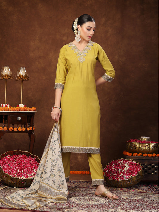 Stylum Women's Mustard Solid & Embroidered Silk Straight Kurta Pant Dupatta Set (KPDCORNCAFE)