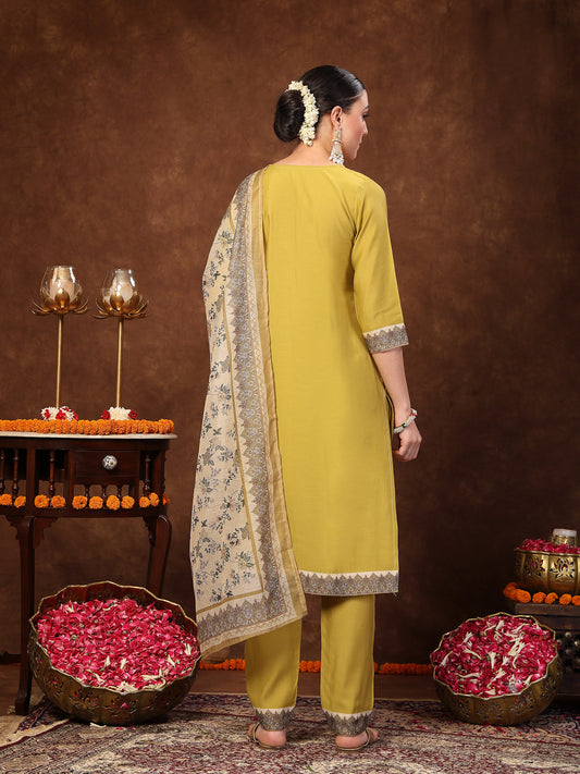 Stylum Women's Mustard Solid & Embroidered Silk Straight Kurta Pant Dupatta Set (KPDCORNCAFE)