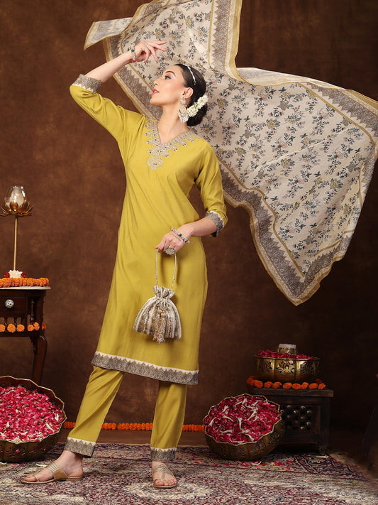 Stylum Women's Mustard Solid & Embroidered Silk Straight Kurta Pant Dupatta Set (KPDCORNCAFE)