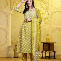 Stylum Women's Printed & Embellished Cotton Straight Kurta Pant Dupatta Set (KPDCORNDRIVE)