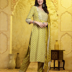 Stylum Women's Printed & Embellished Cotton Straight Kurta Pant Dupatta Set (KPDCORNDRIVE)