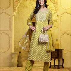 Stylum Women's Printed & Embellished Cotton Straight Kurta Pant Dupatta Set (KPDCORNDRIVE)