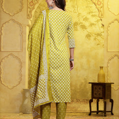 Stylum Women's Printed & Embellished Cotton Straight Kurta Pant Dupatta Set (KPDCORNDRIVE)